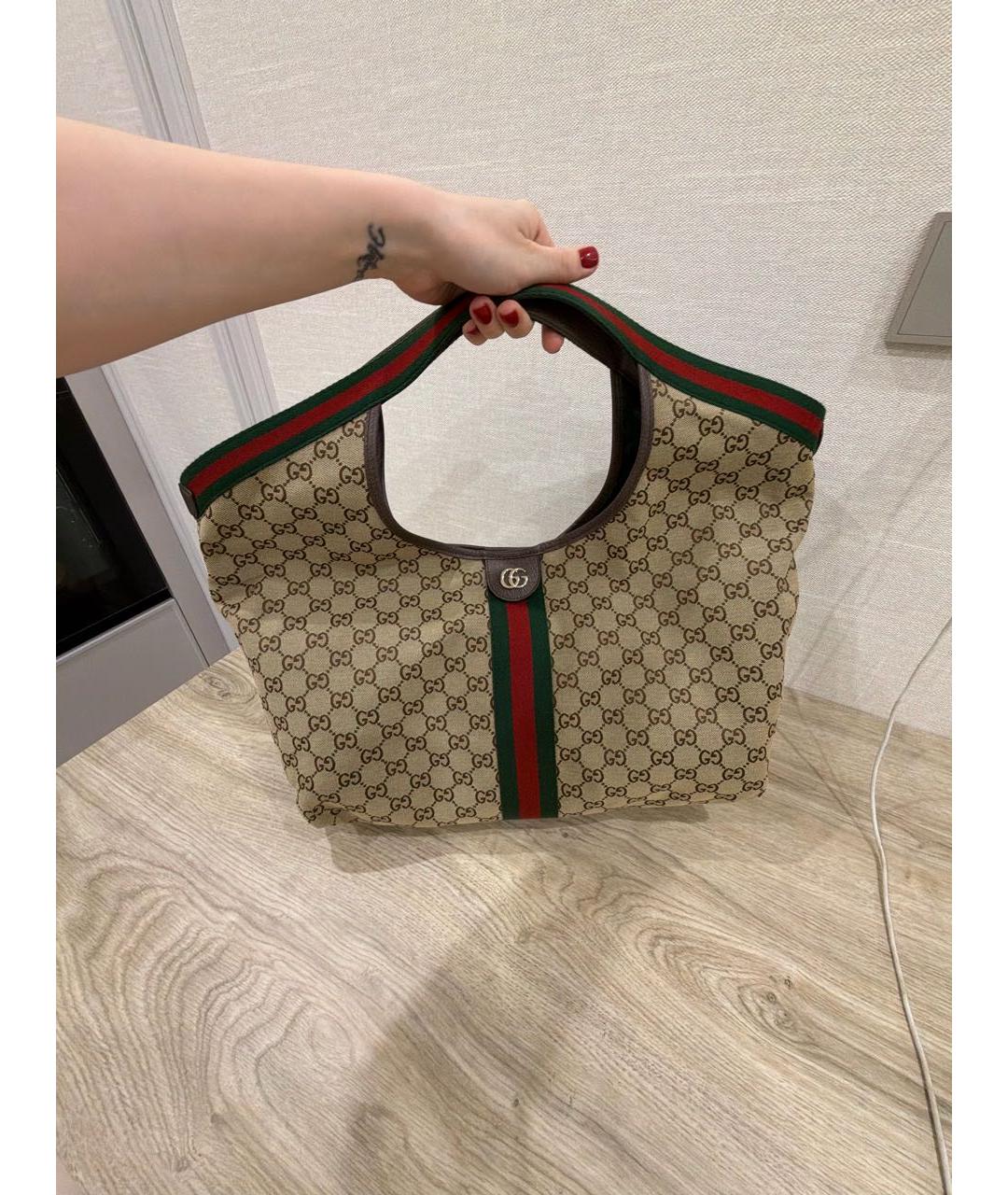 GUCCI Горчичная тканевая сумка тоут, фото 5