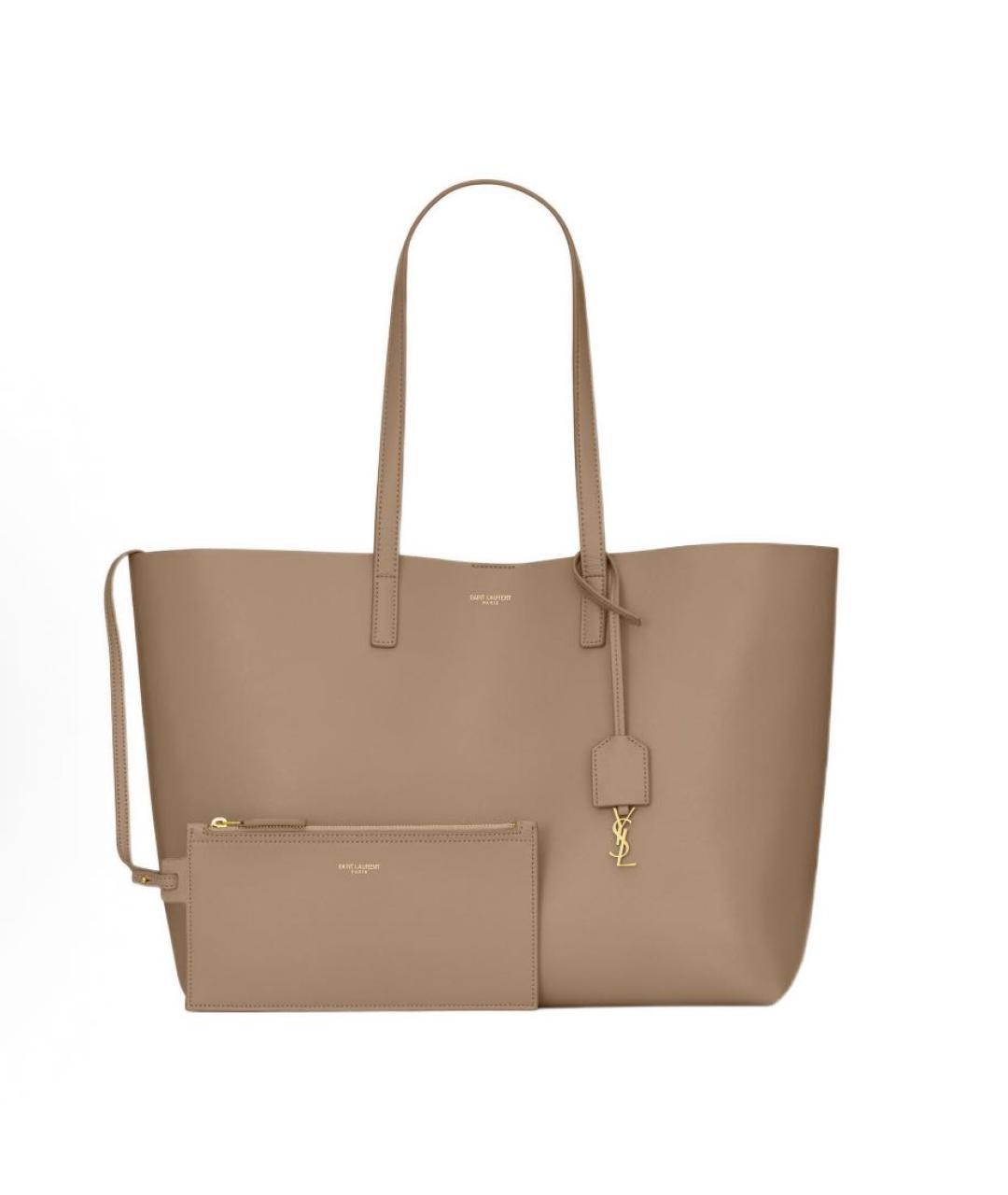 SAINT LAURENT Бежевая кожаная сумка с короткими ручками, фото 5