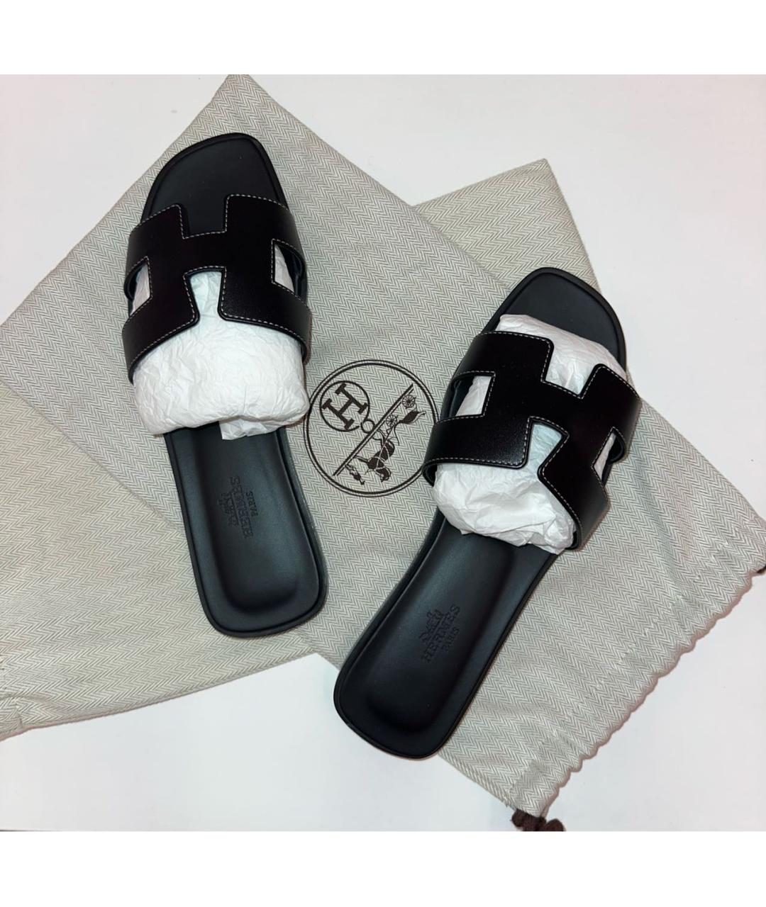 HERMES Черные кожаные сандалии, фото 2