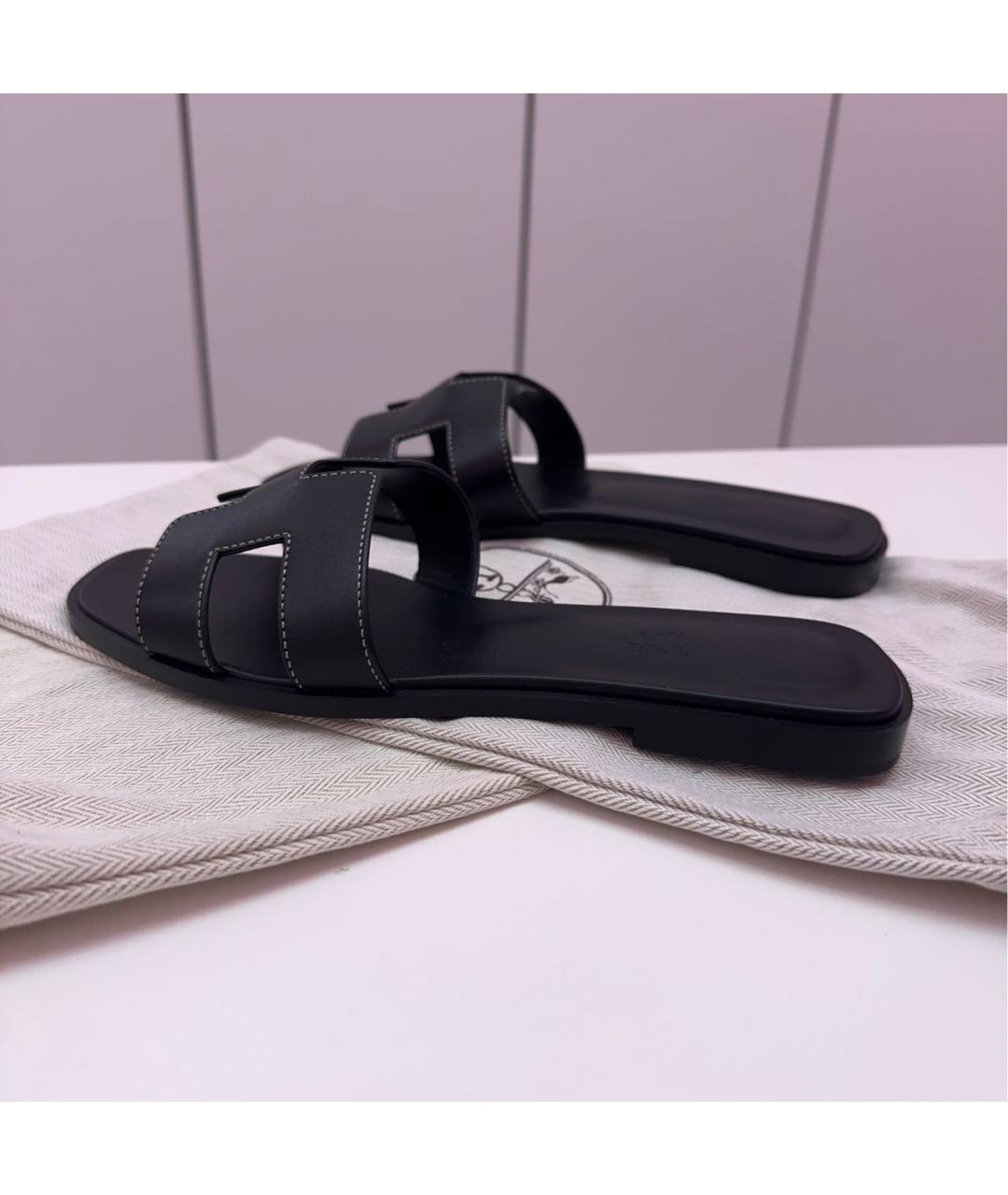 HERMES Черные кожаные сандалии, фото 5