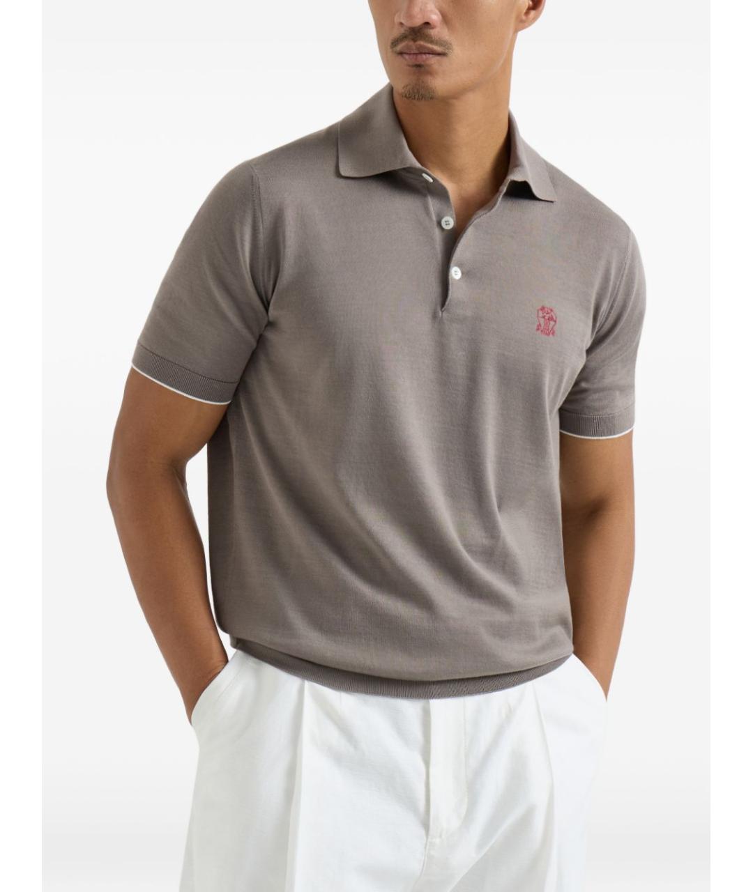 BRUNELLO CUCINELLI Коричневое хлопковое поло с коротким рукавом, фото 3