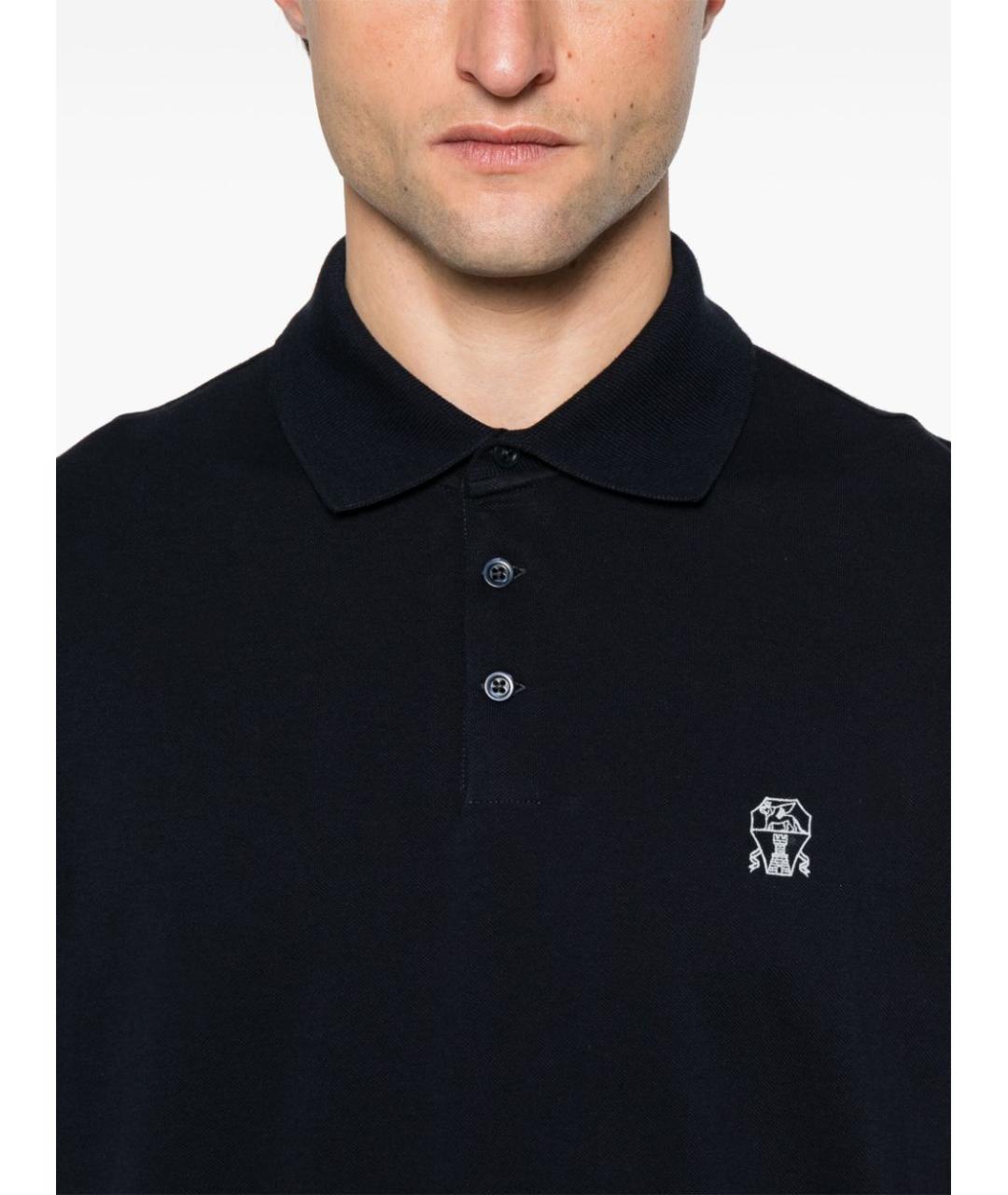 BRUNELLO CUCINELLI Темно-синее хлопковое поло с коротким рукавом, фото 4