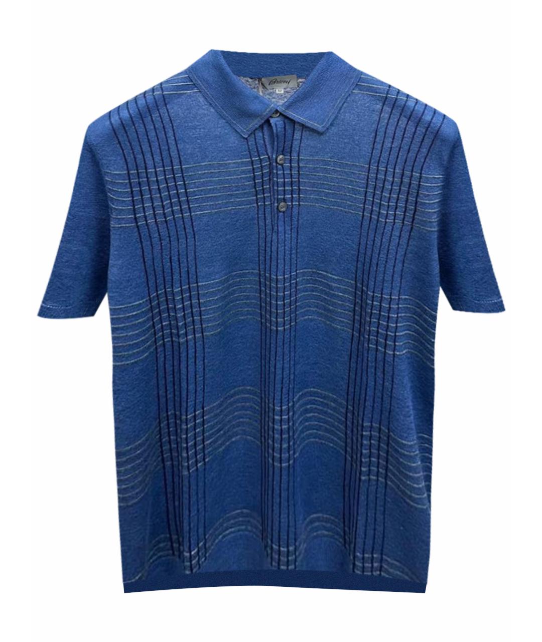 BRIONI Синее хлопко-леновое поло с коротким рукавом, фото 1