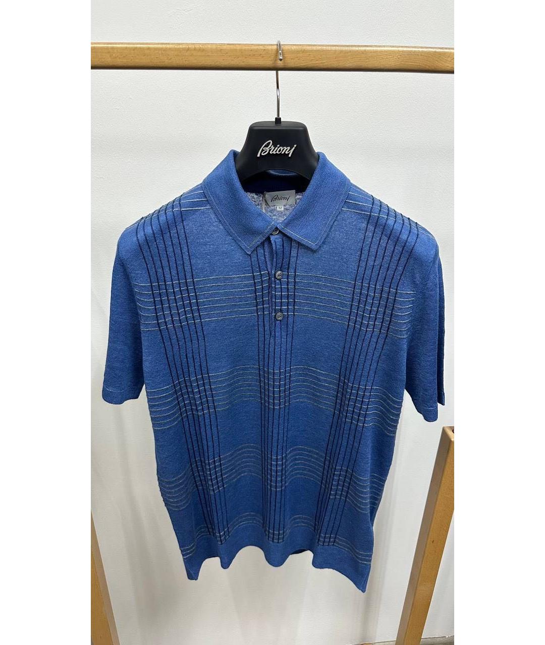 BRIONI Синее хлопко-леновое поло с коротким рукавом, фото 4