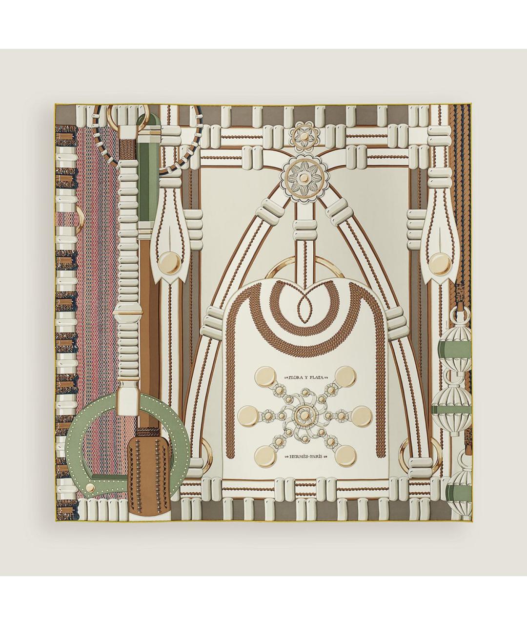 HERMES Бежевый шелковый платок, фото 4