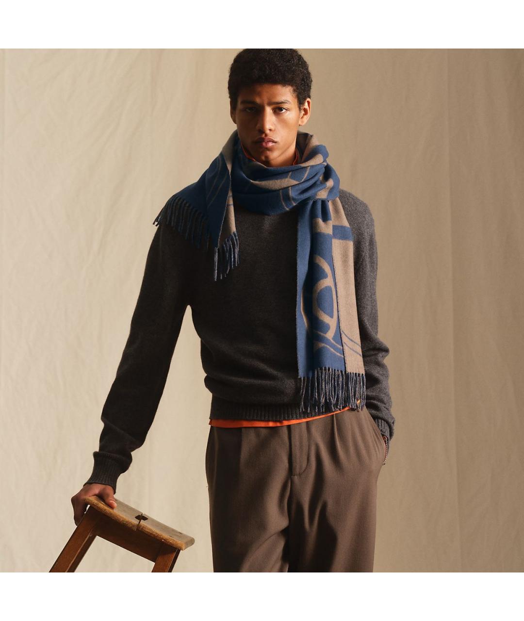 HERMES Синий кашемировый шарф, фото 3