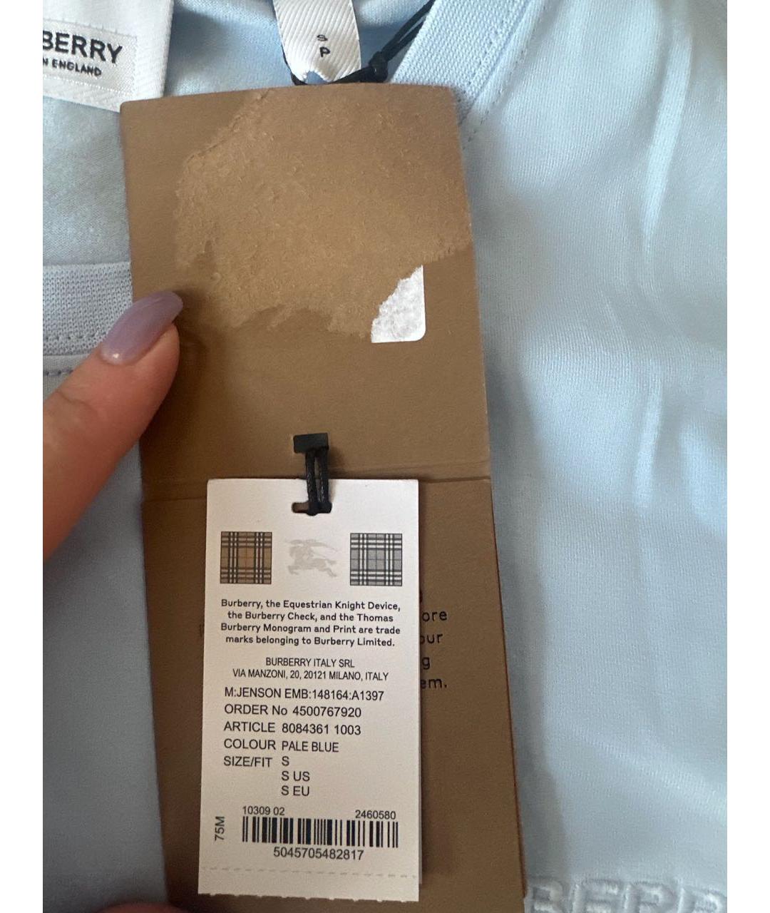 BURBERRY Голубая хлопковая футболка, фото 6