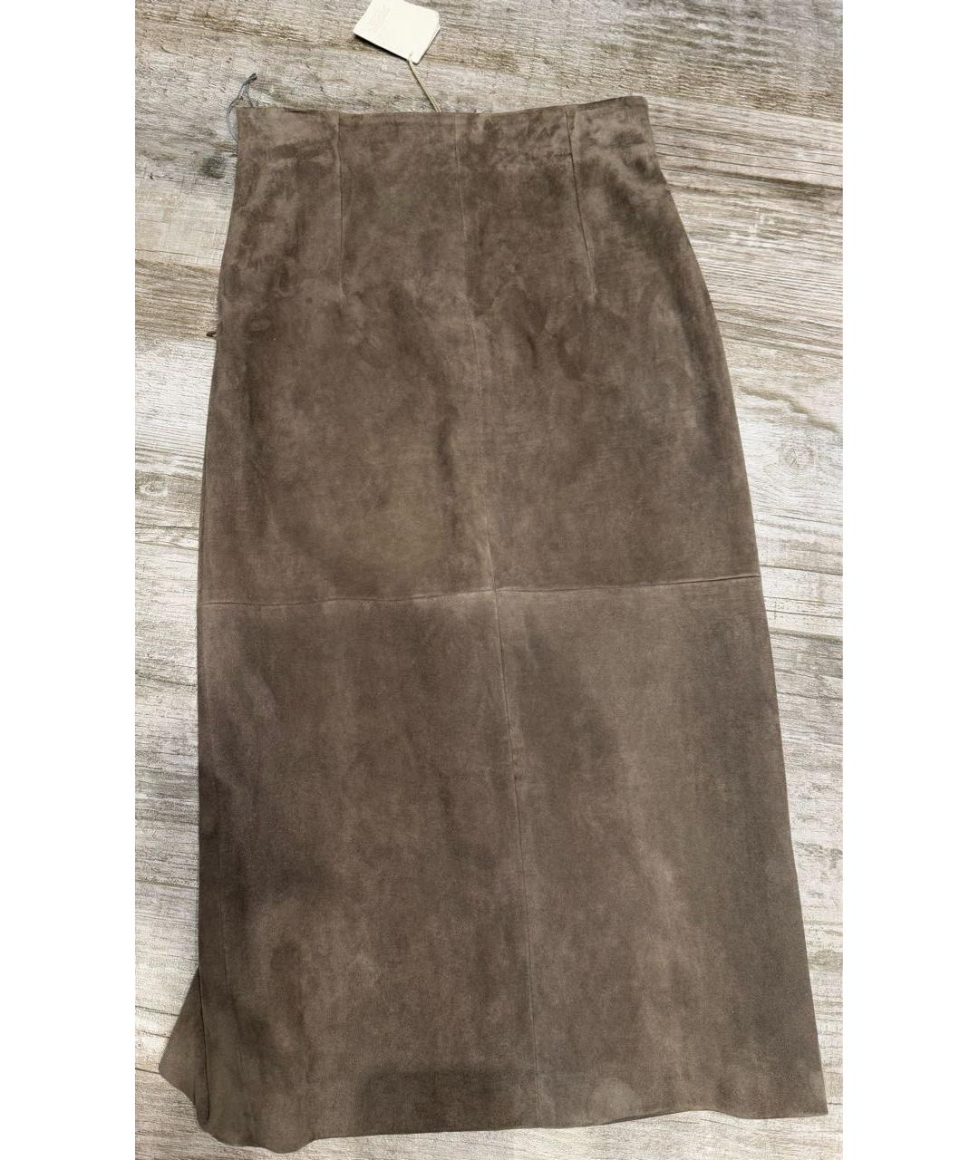 BRUNELLO CUCINELLI Коричневая замшевая юбка миди, фото 2