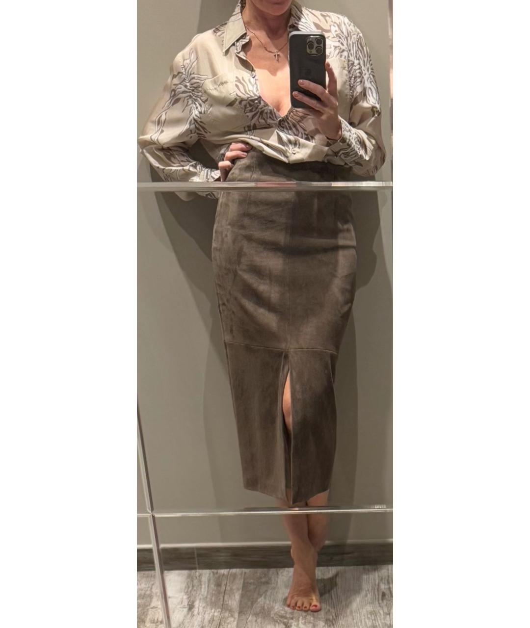 BRUNELLO CUCINELLI Коричневая замшевая юбка миди, фото 6