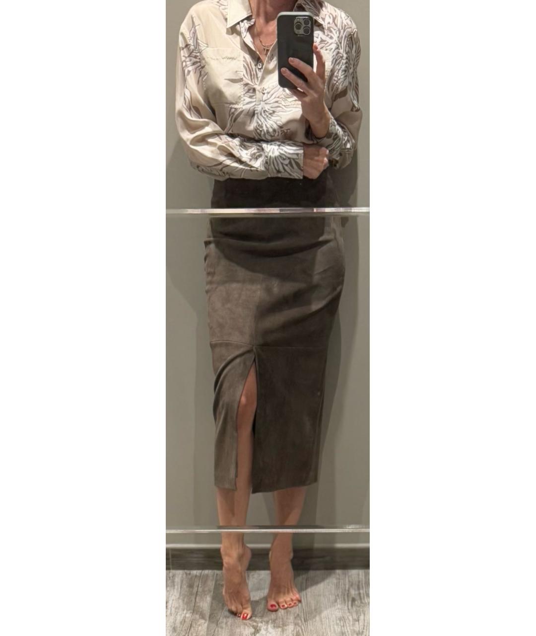 BRUNELLO CUCINELLI Коричневая замшевая юбка миди, фото 4