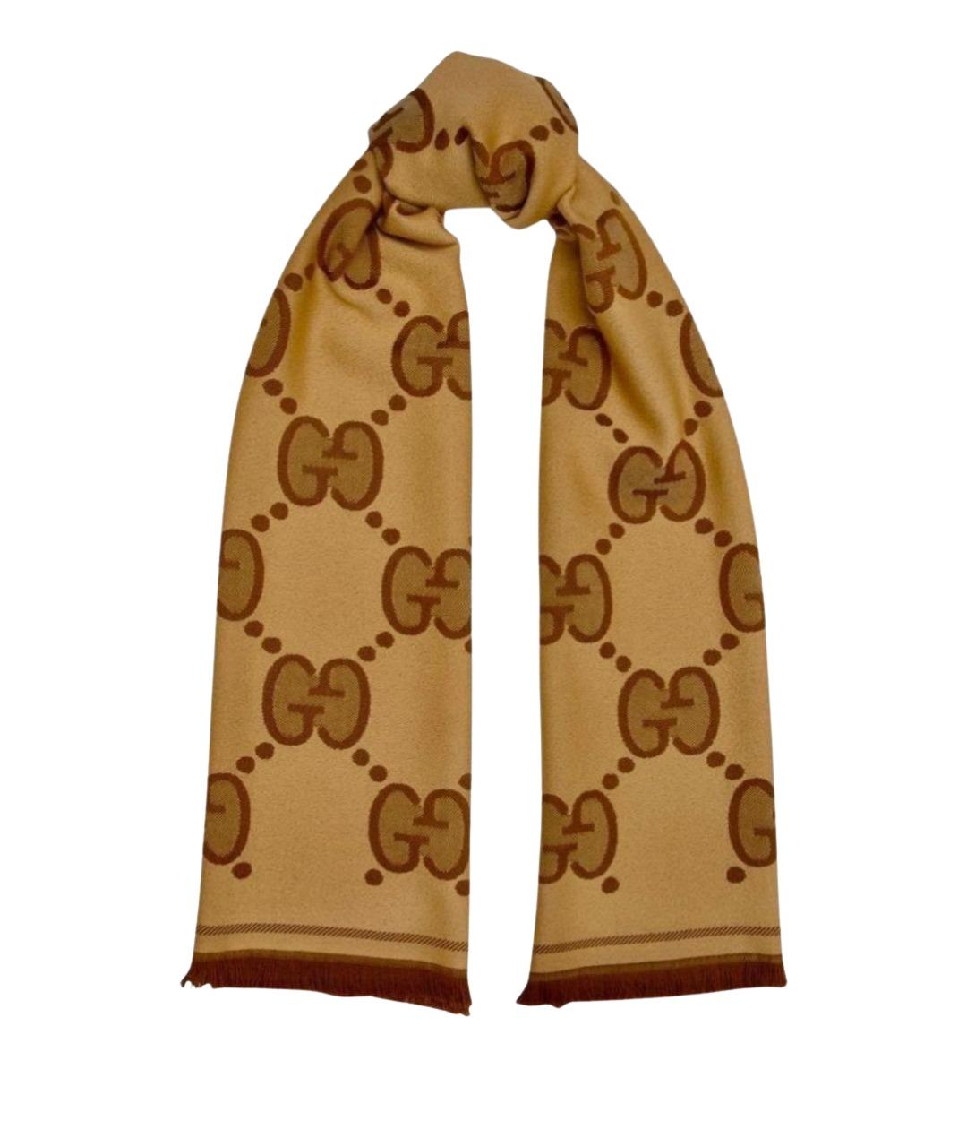 GUCCI Коричневый шерстяной шарф, фото 1