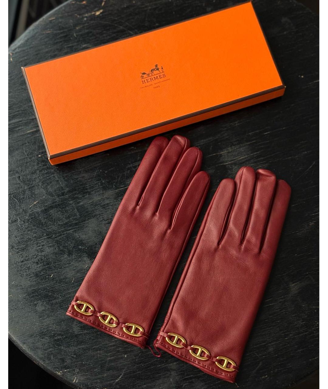 HERMES Бордовые кожаные перчатки, фото 5