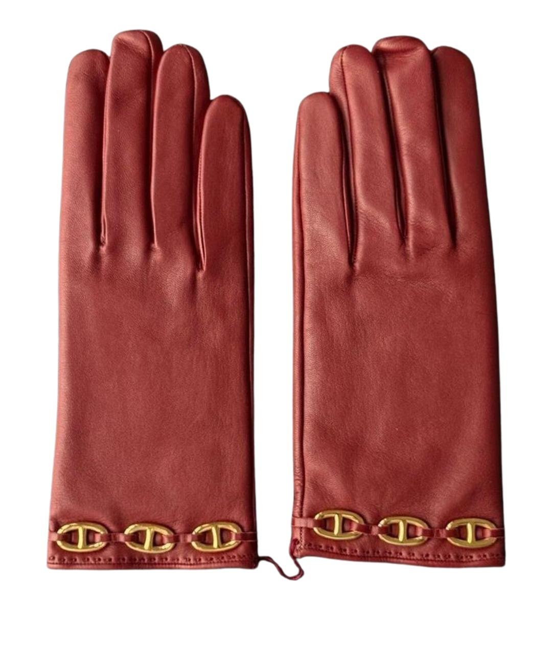 HERMES Бордовые кожаные перчатки, фото 1