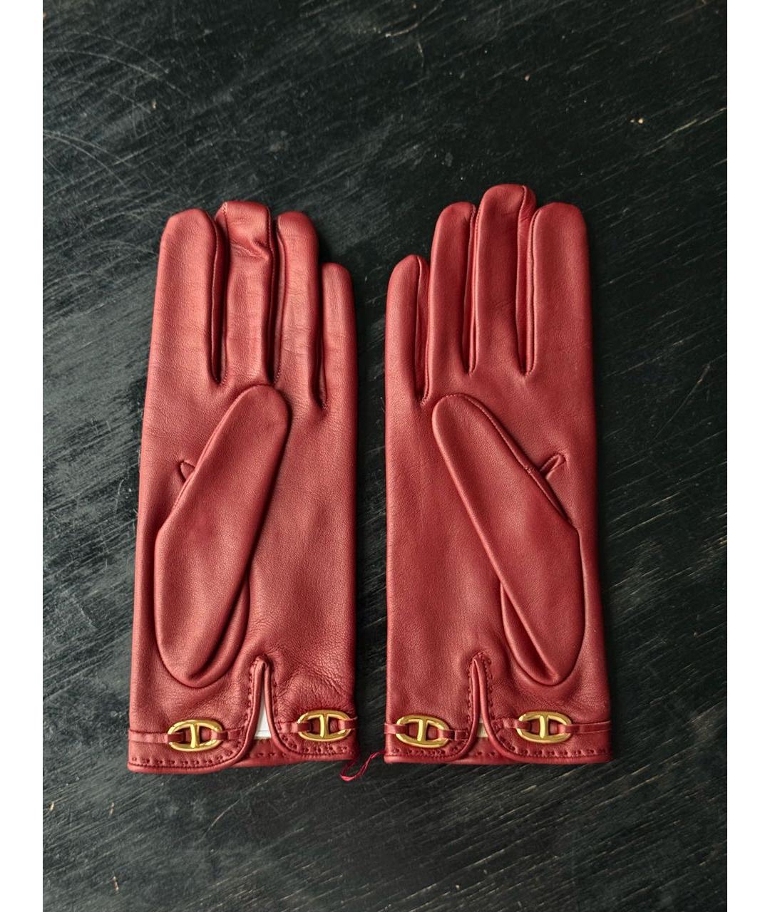 HERMES Бордовые кожаные перчатки, фото 7