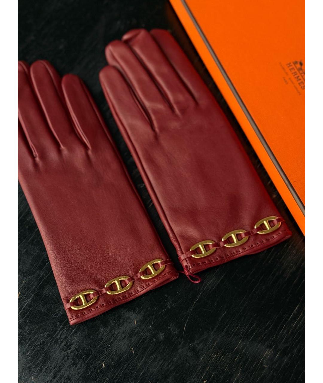 HERMES Бордовые кожаные перчатки, фото 3