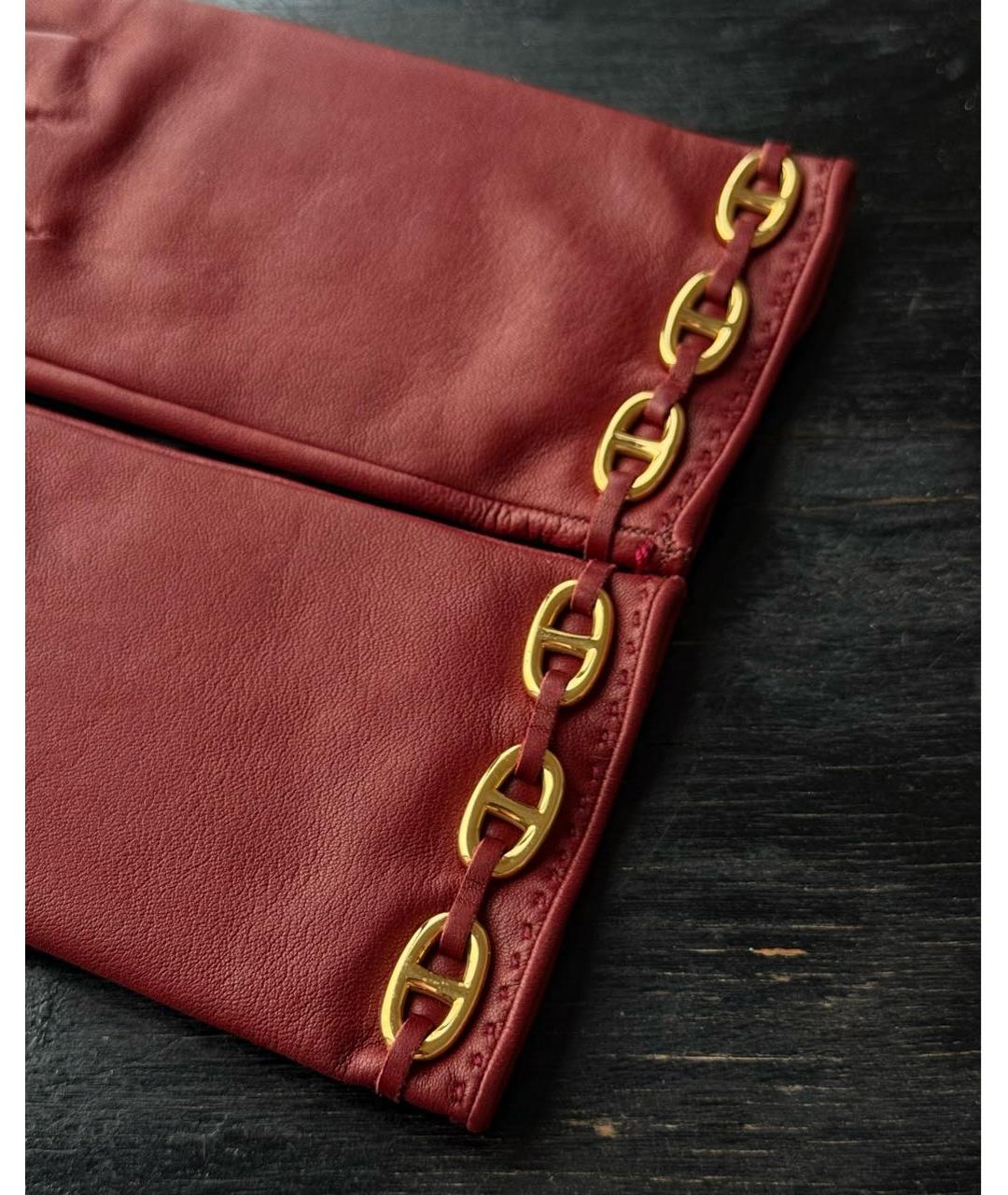 HERMES Бордовые кожаные перчатки, фото 6