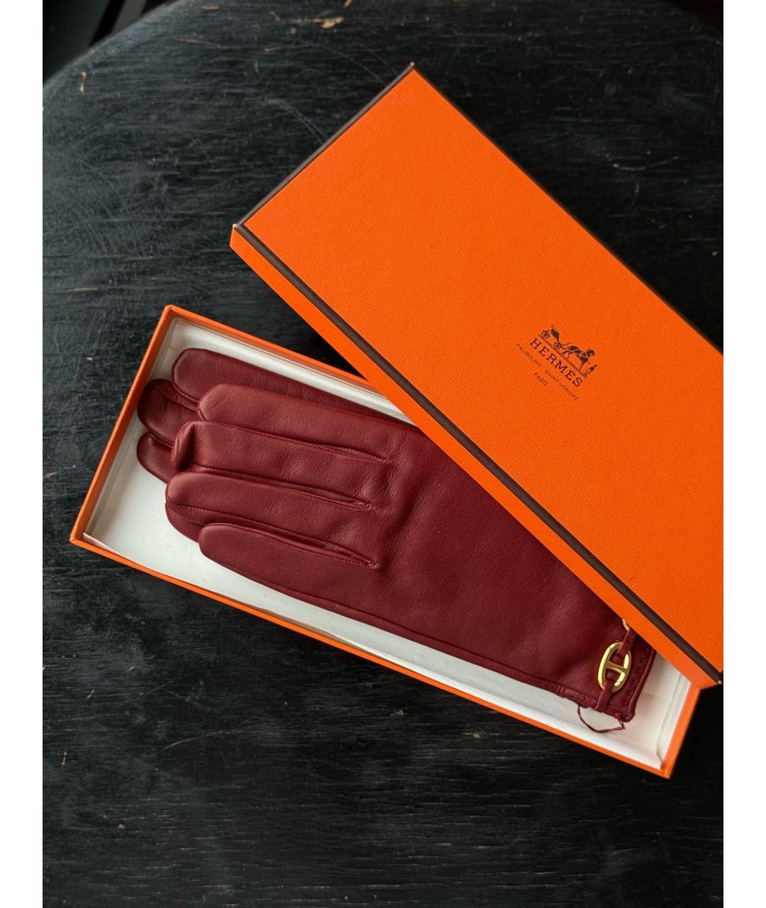 HERMES Бордовые кожаные перчатки, фото 2
