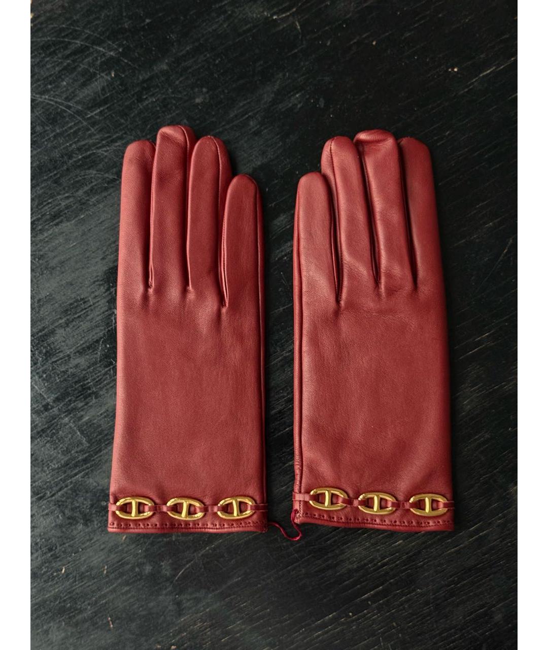 HERMES Бордовые кожаные перчатки, фото 8