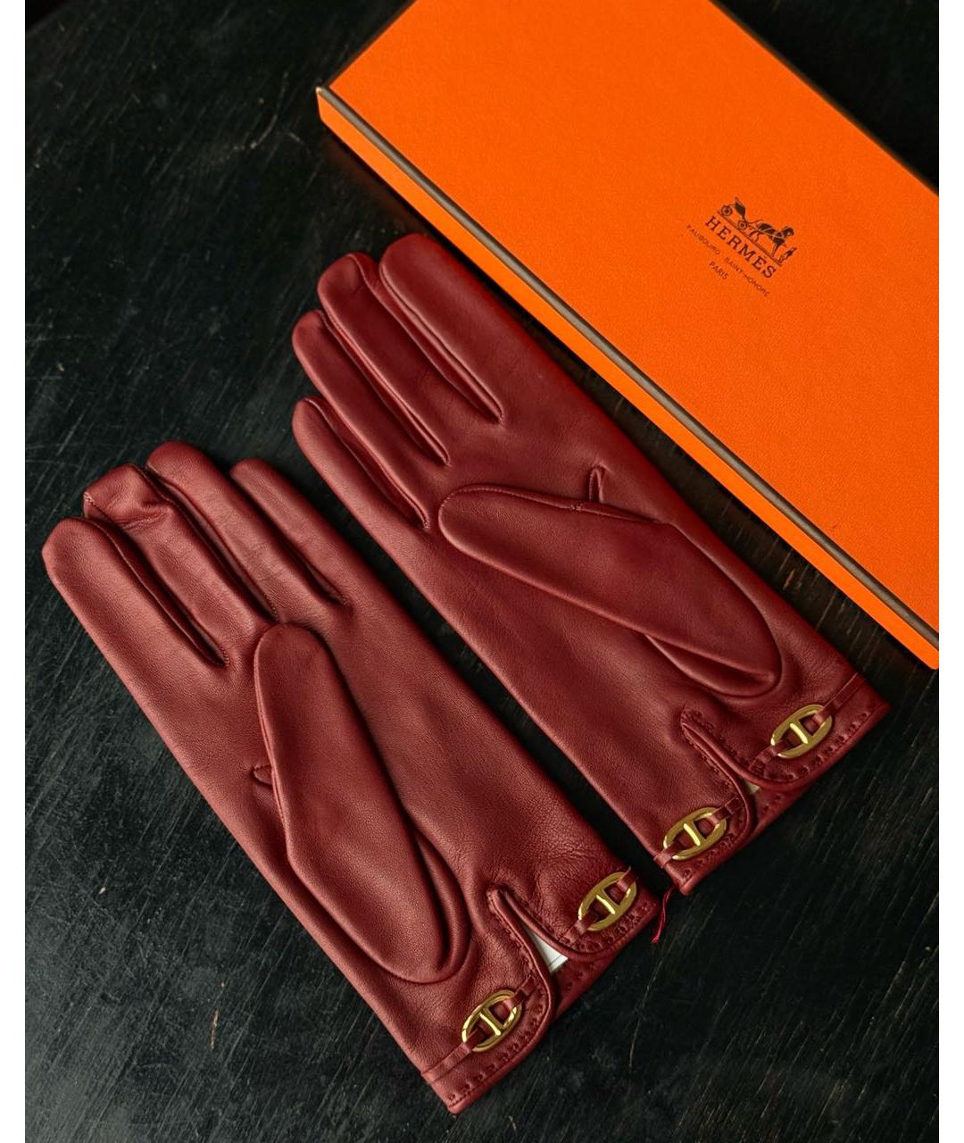 HERMES Бордовые кожаные перчатки, фото 4