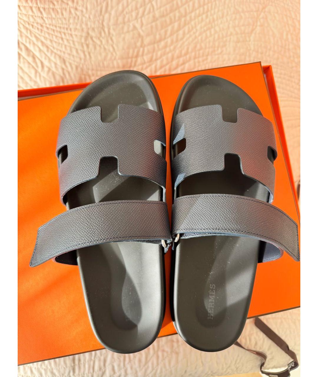 HERMES Темно-синие кожаные сандалии, фото 3