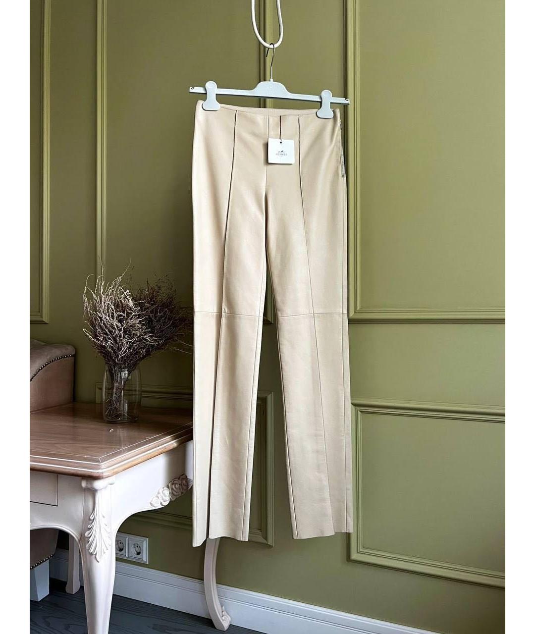 HERMES Бежевые кожаные брюки узкие, фото 2