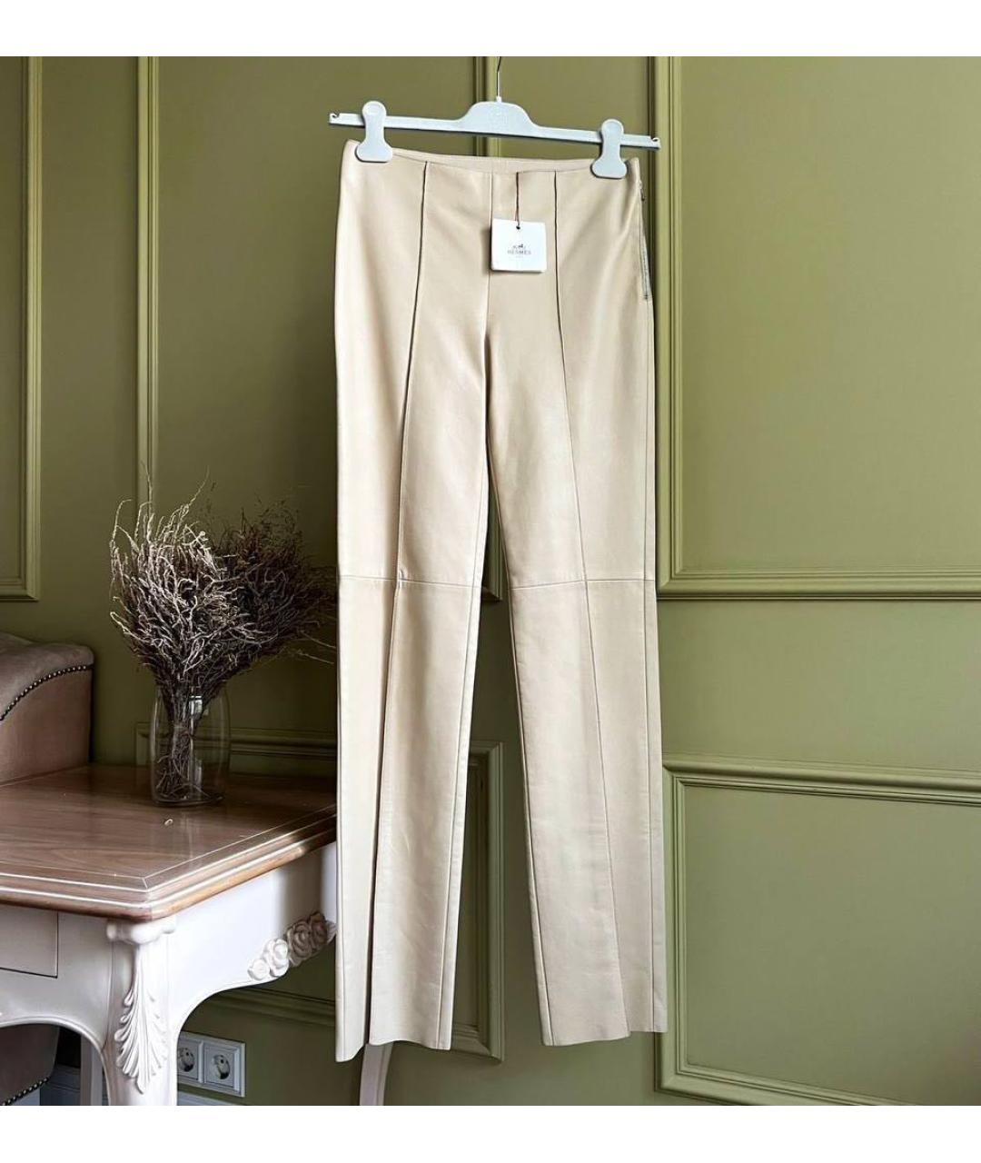 HERMES Бежевые кожаные брюки узкие, фото 4