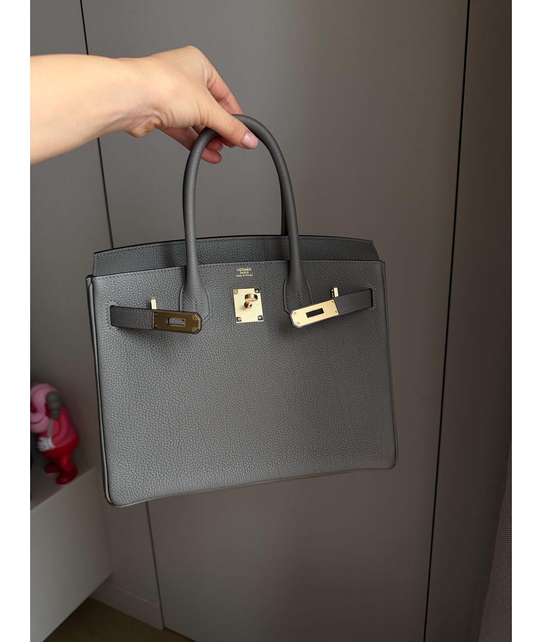 HERMES Серая кожаная сумка с короткими ручками, фото 5