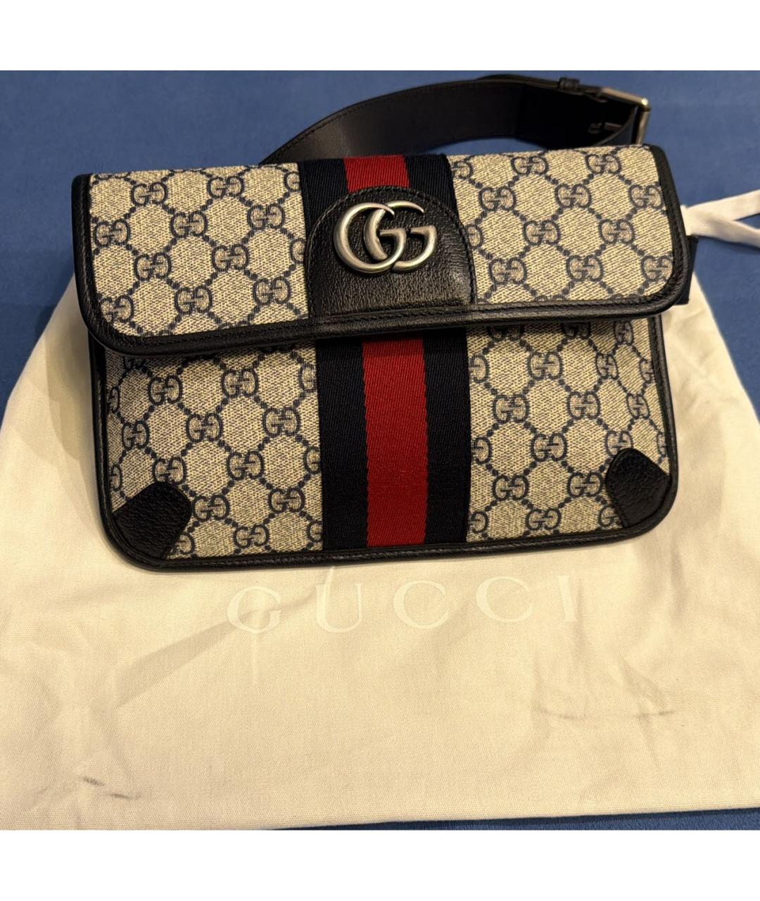 GUCCI Темно-синяя кожаная поясная сумка, фото 3