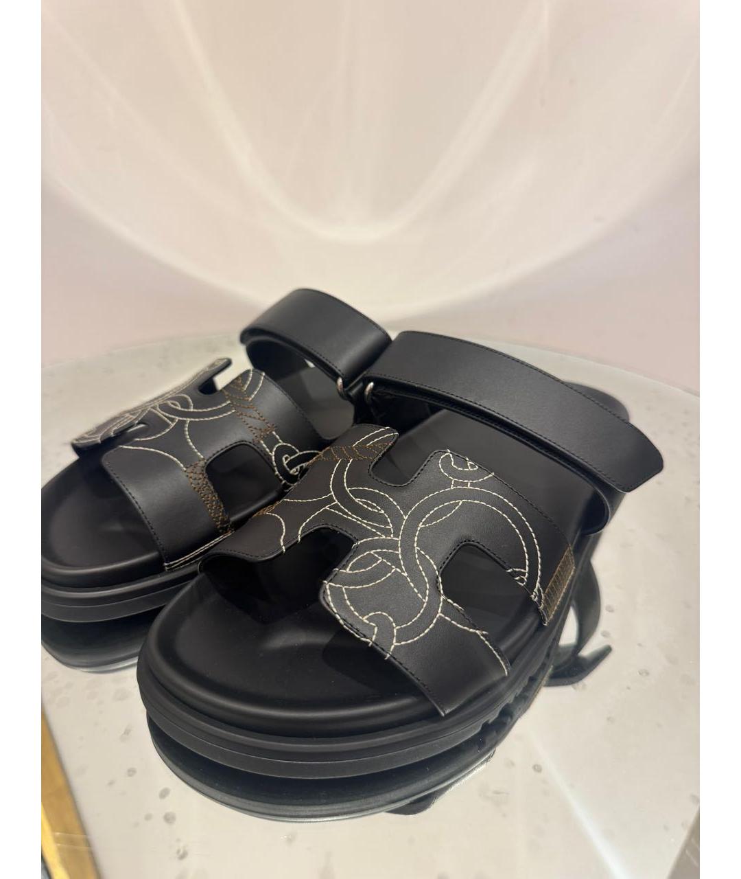 HERMES Черные кожаные шлепанцы, фото 3