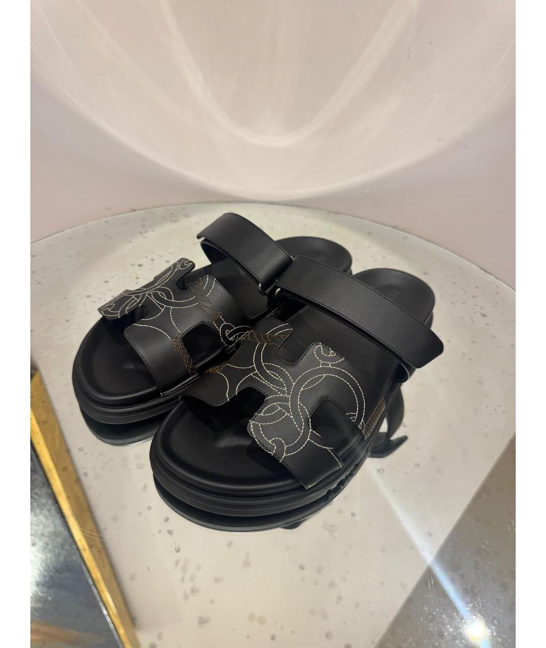 HERMES Черные кожаные шлепанцы, фото 2