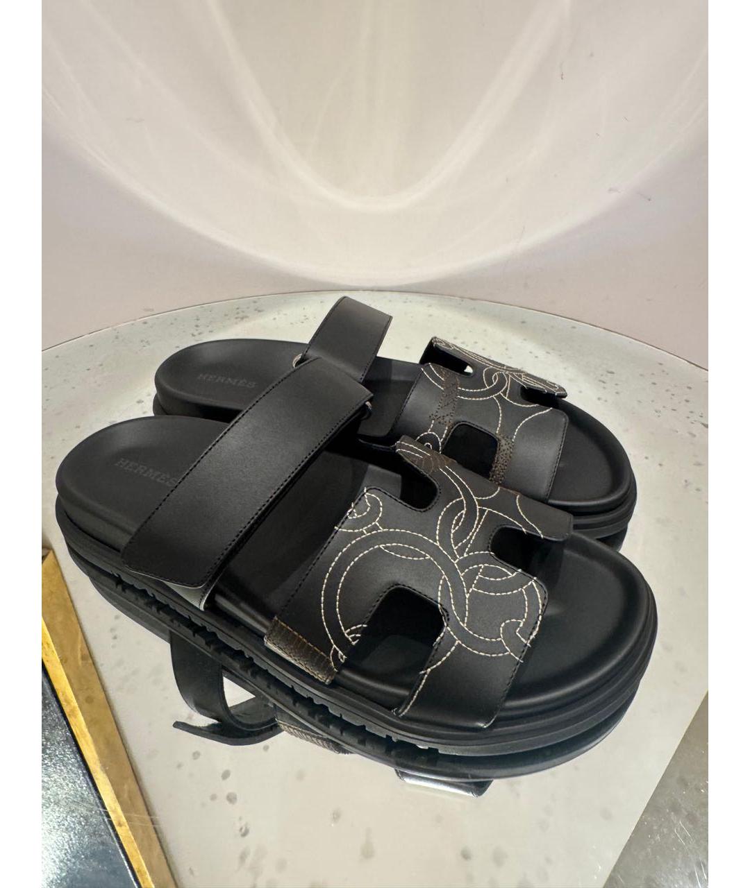 HERMES Черные кожаные шлепанцы, фото 4