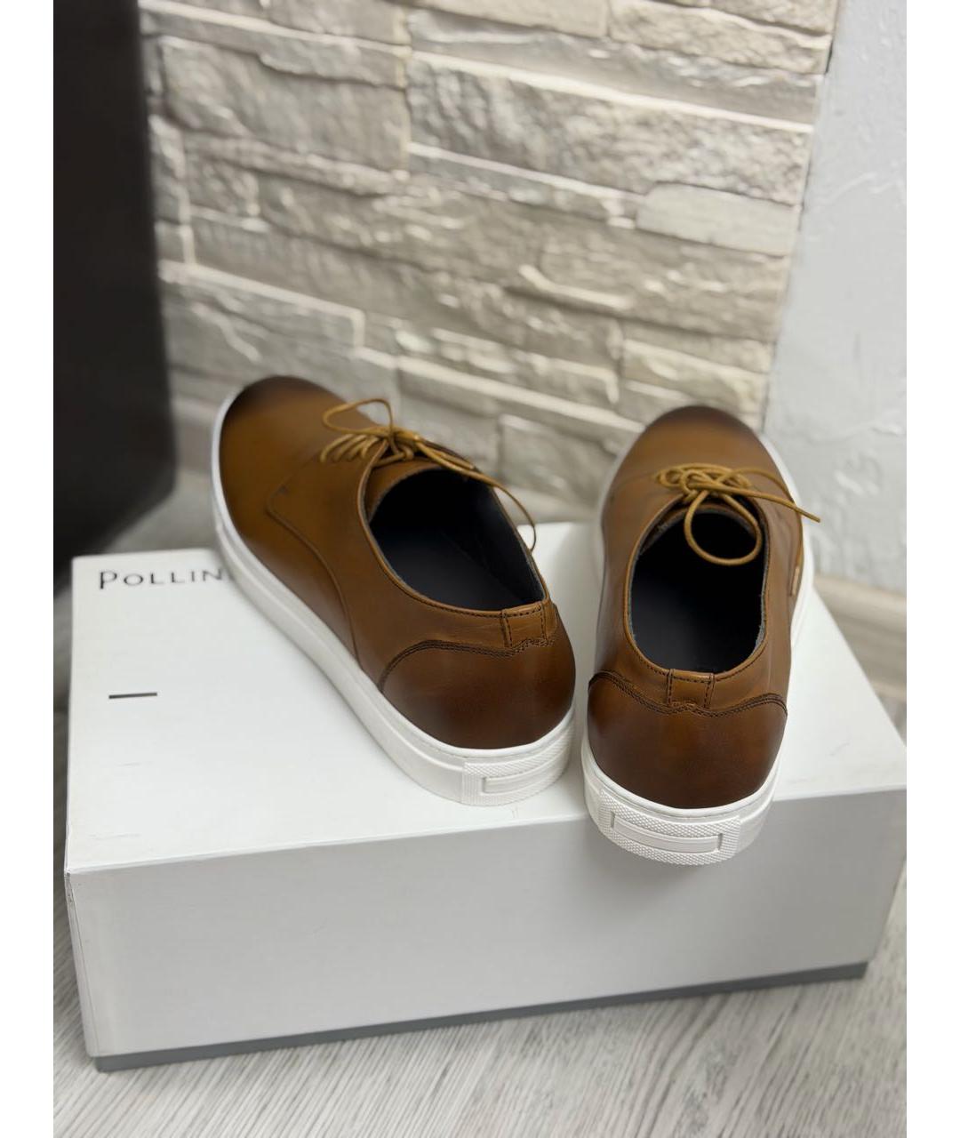 POLLINI Коричневые кожаные низкие кроссовки / кеды, фото 4