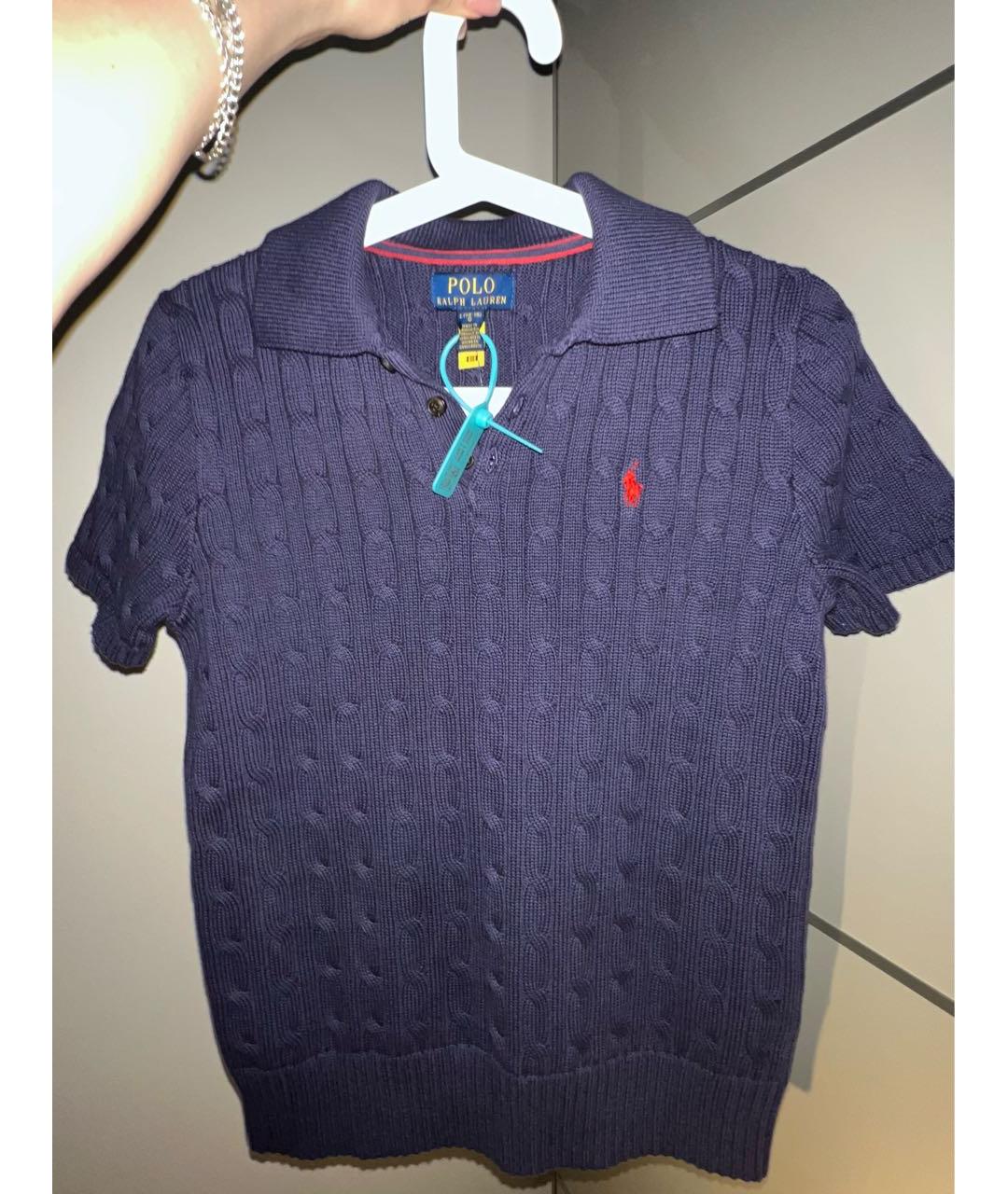 POLO RALPH LAUREN Темно-синее хлопко-шерстяное поло с коротким рукавом, фото 6