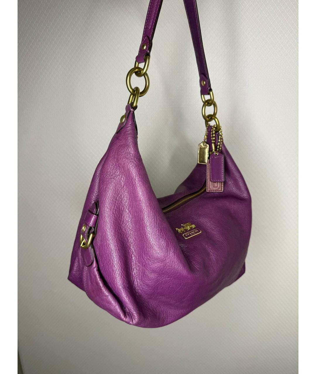 COACH Фиолетовая кожаная сумка с короткими ручками, фото 4