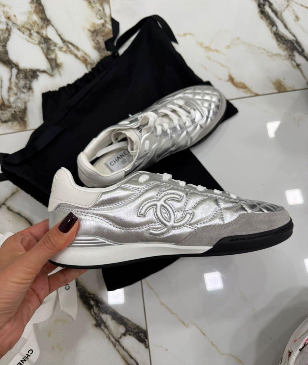 CHANEL Серебряные кожаные кеды, фото 7