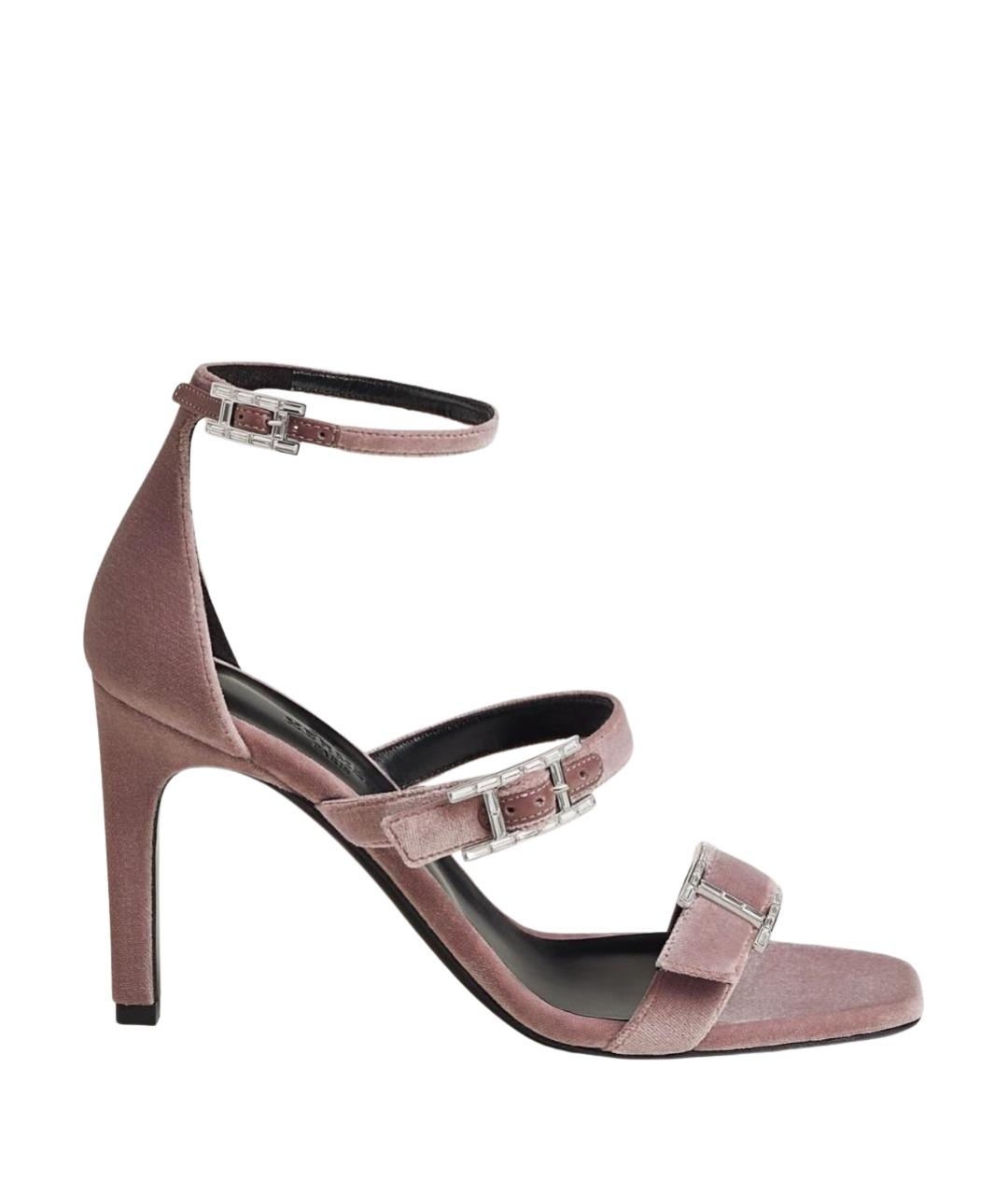 HERMES Розовые бархатные босоножки, фото 1