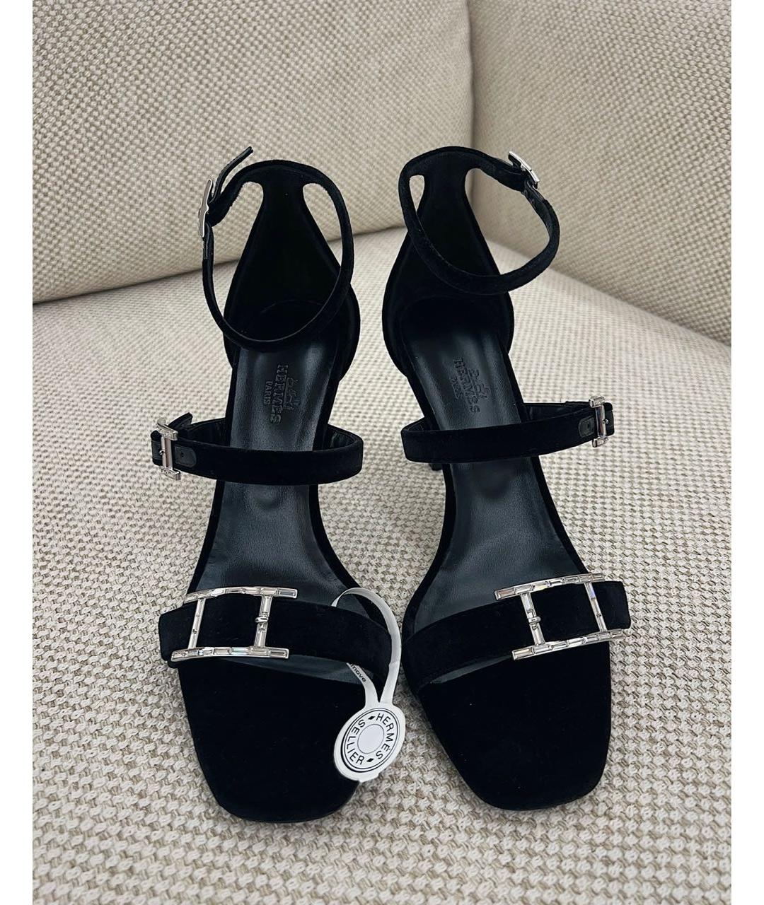 HERMES Черные бархатные босоножки, фото 2