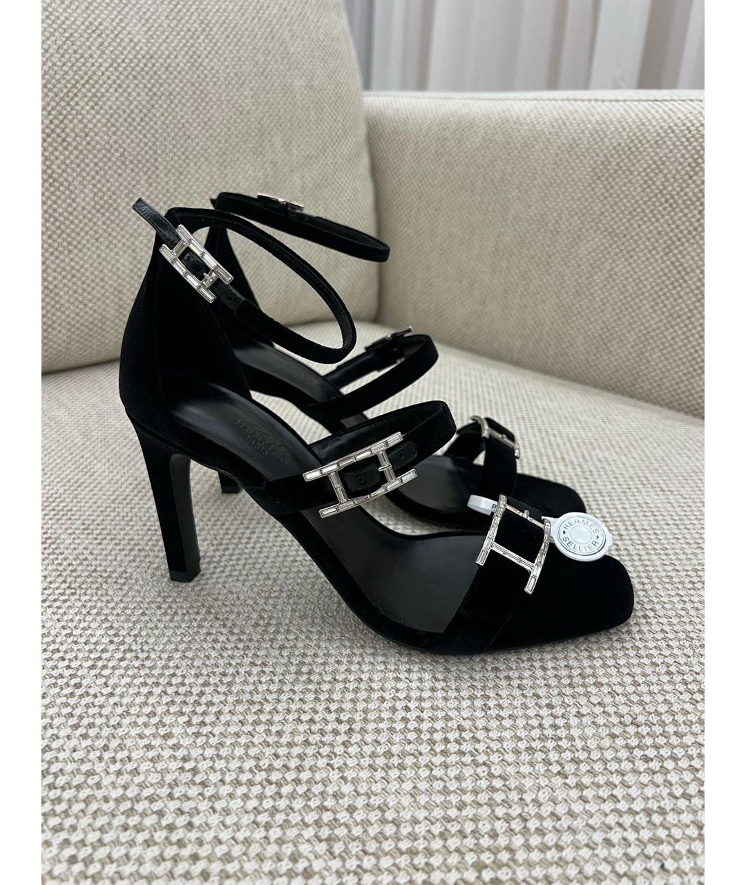 HERMES Черные бархатные босоножки, фото 6