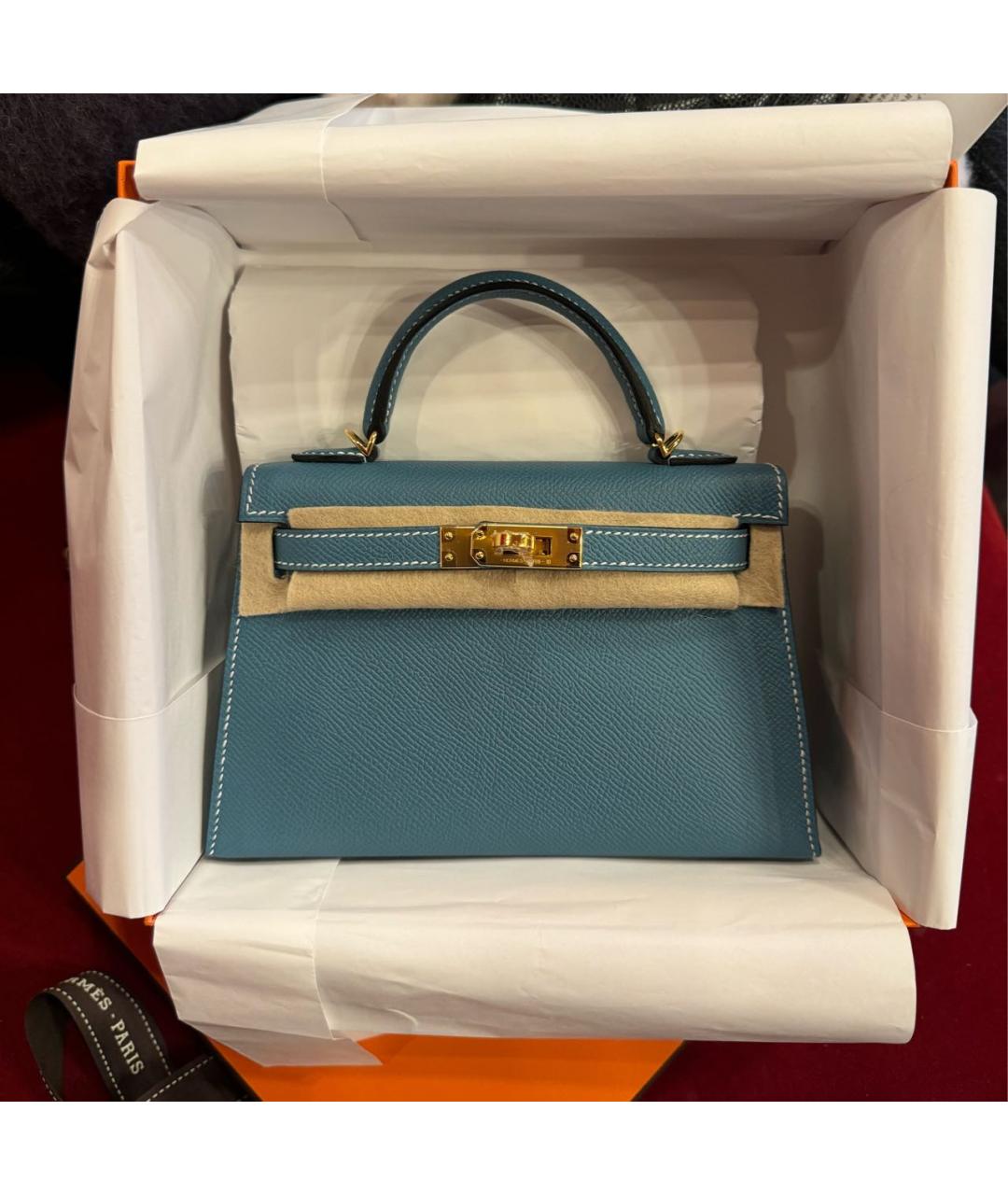 HERMES Голубая кожаная сумка с короткими ручками, фото 6