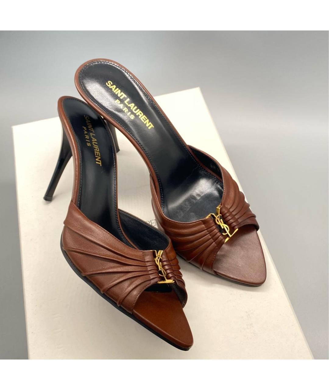 SAINT LAURENT Коричневые кожаные мюли, фото 2