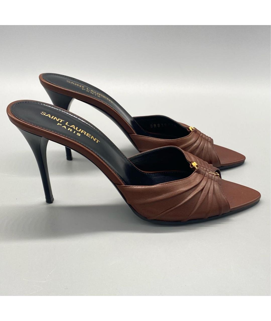 SAINT LAURENT Коричневые кожаные мюли, фото 6