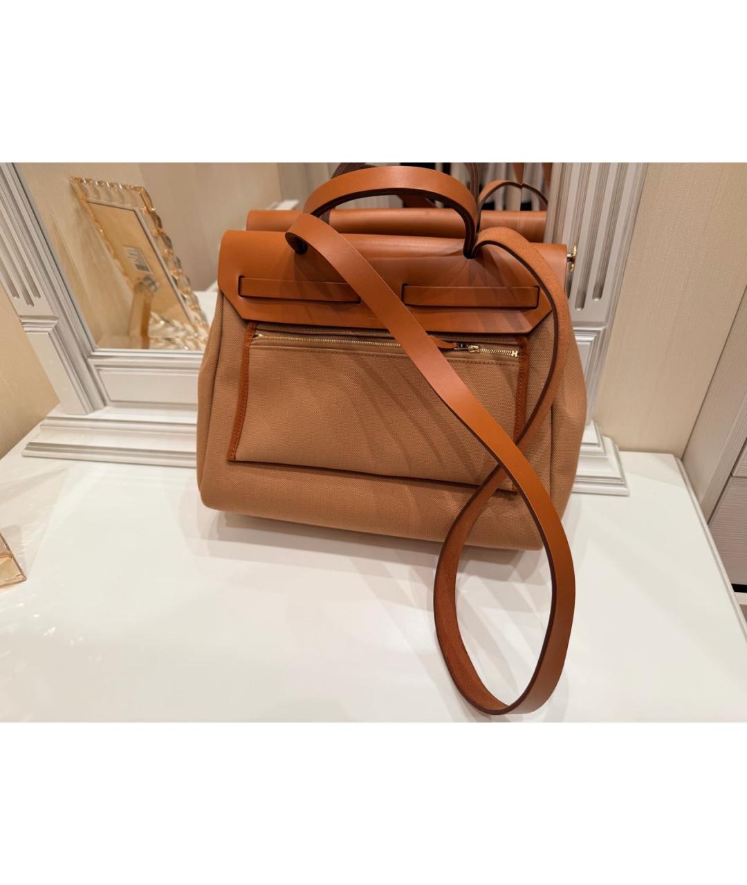 HERMES Коричневая тканевая сумка с короткими ручками, фото 3