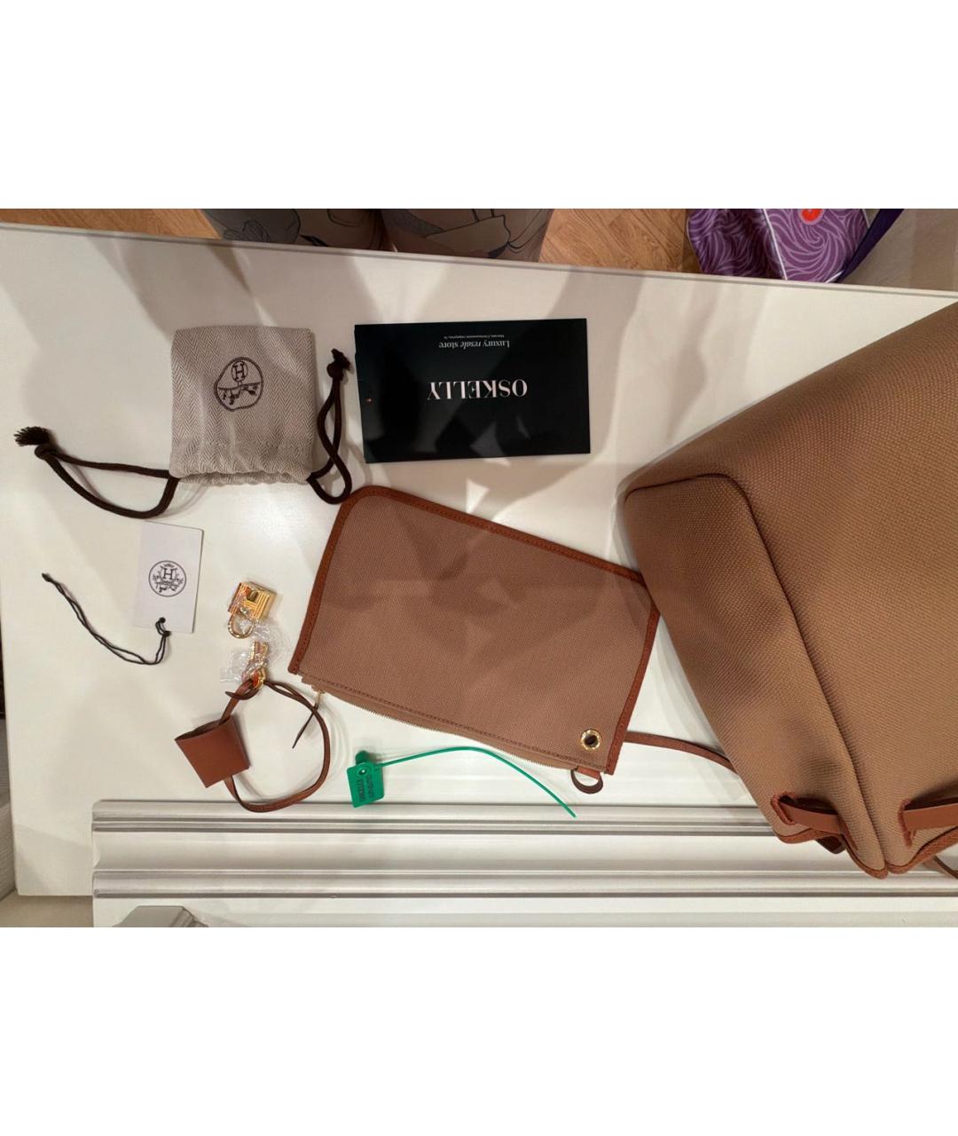 HERMES Коричневая тканевая сумка с короткими ручками, фото 6