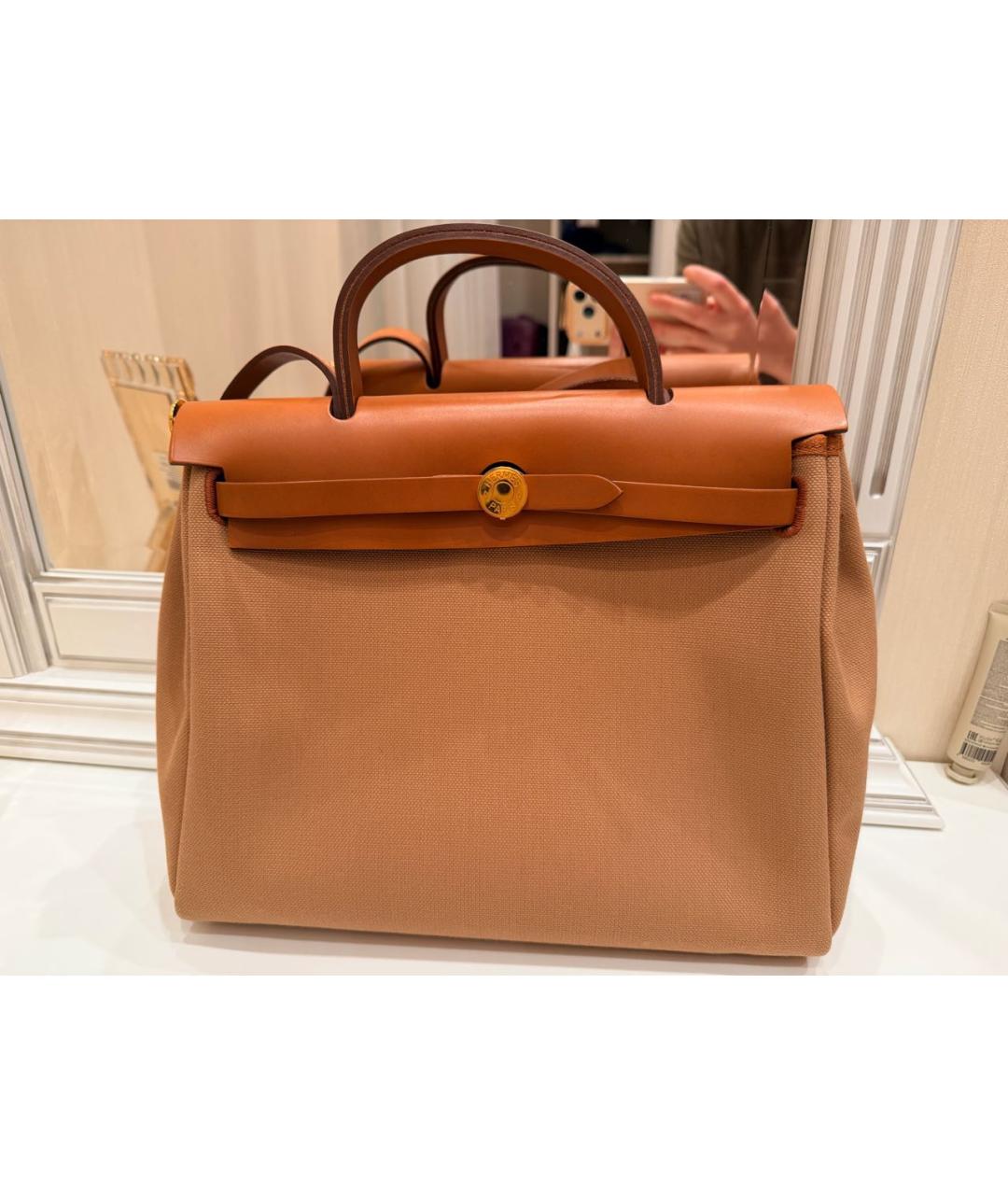 HERMES Коричневая тканевая сумка с короткими ручками, фото 7