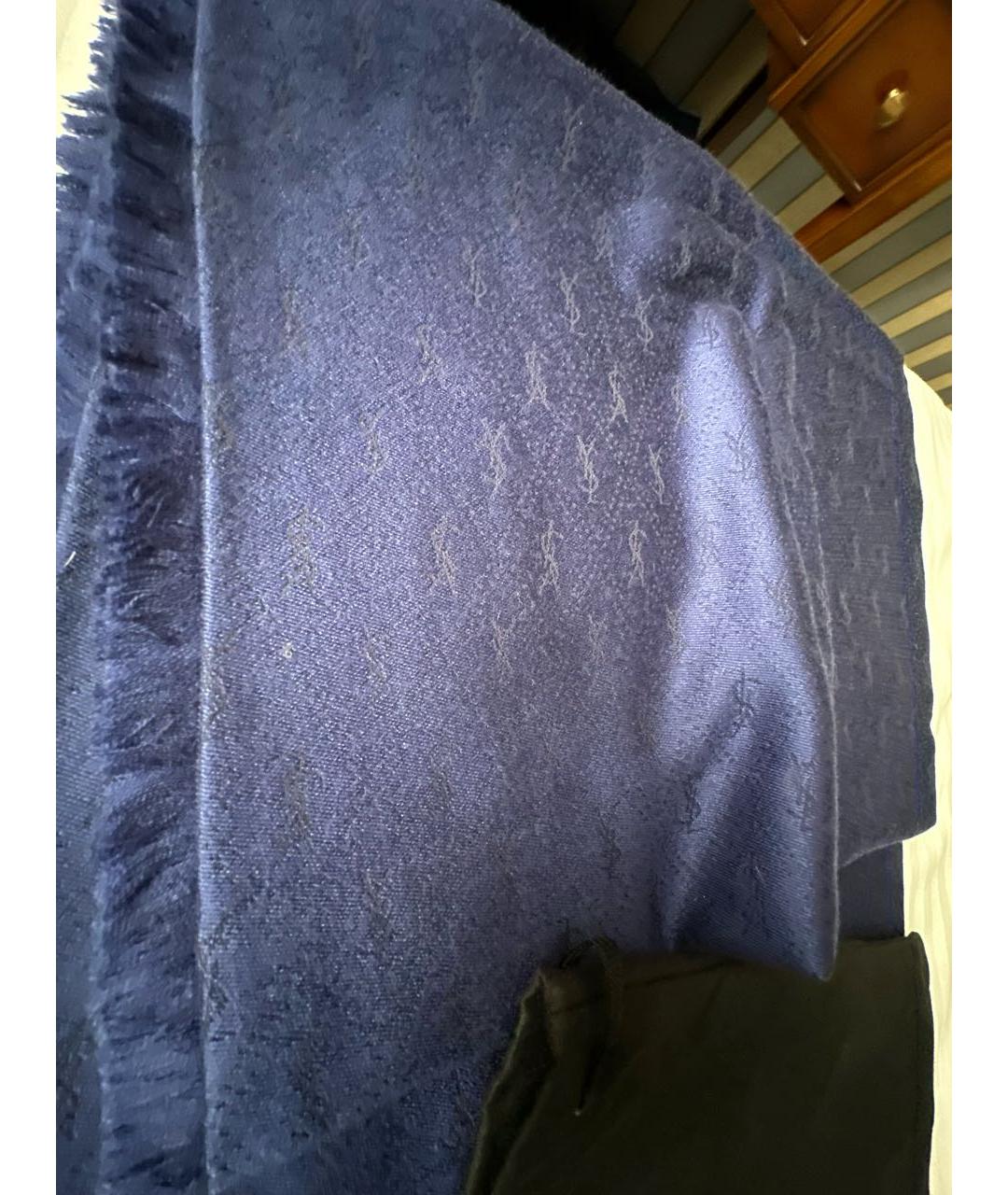 SAINT LAURENT Темно-синий шерстяной шарф, фото 5