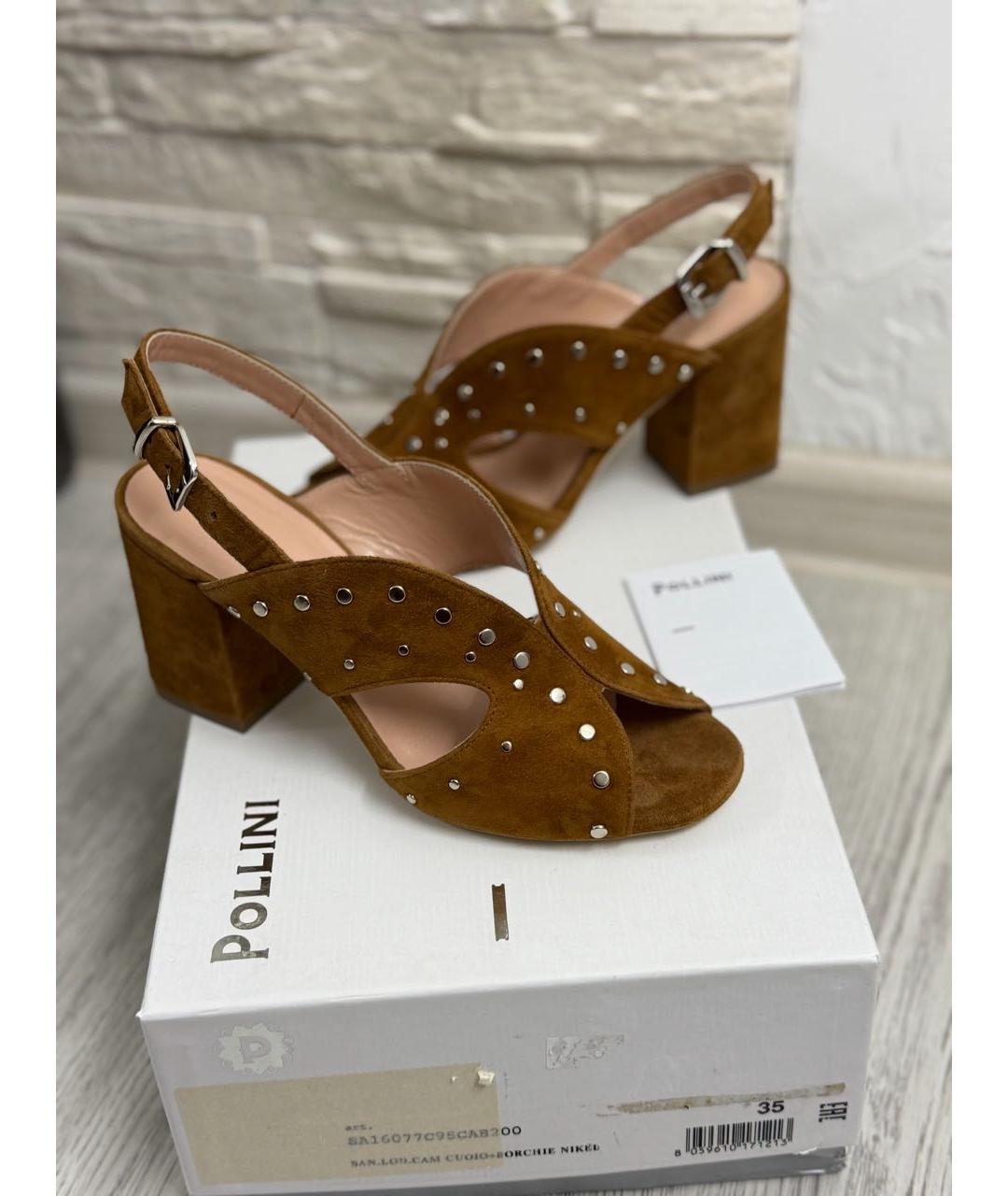 POLLINI Коричневые замшевые босоножки, фото 5