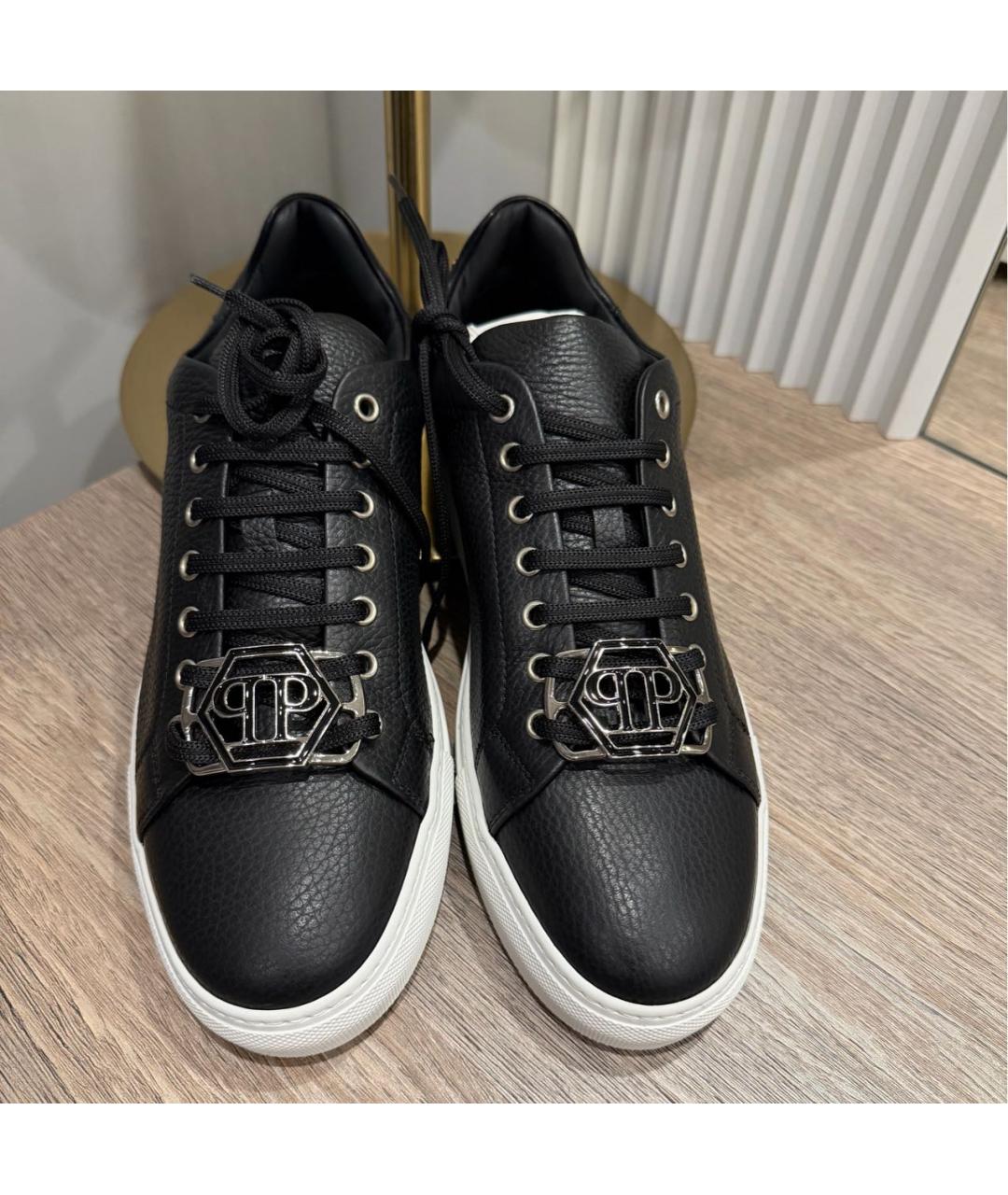 PHILIPP PLEIN Черные кожаные низкие кроссовки / кеды, фото 2