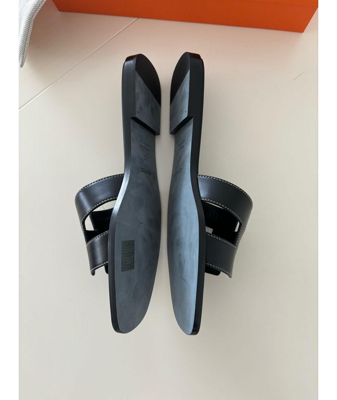 HERMES Черные кожаные шлепанцы, фото 3