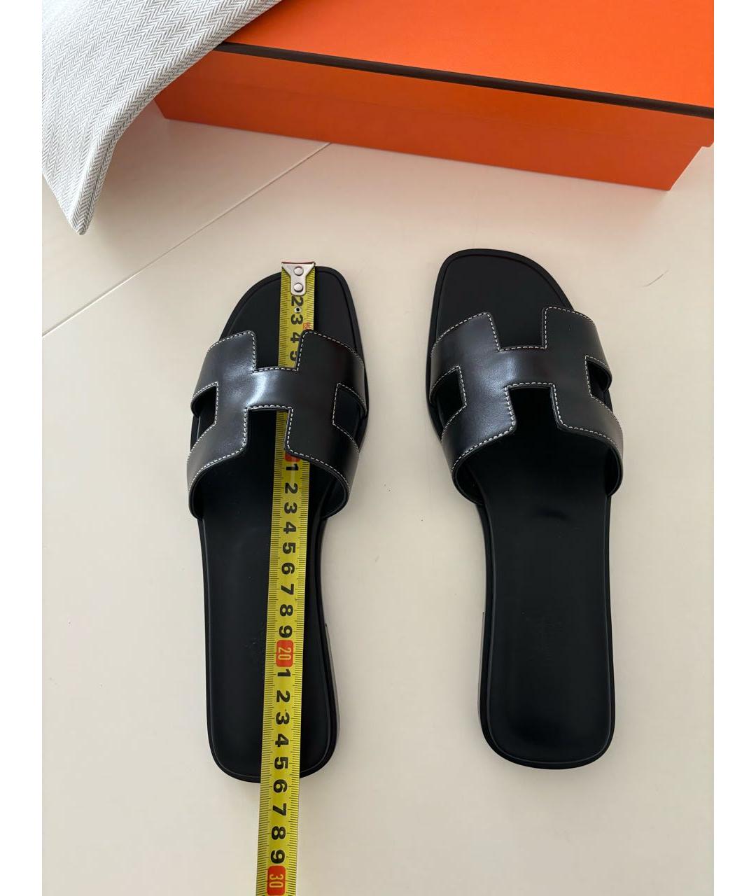 HERMES Черные кожаные шлепанцы, фото 7