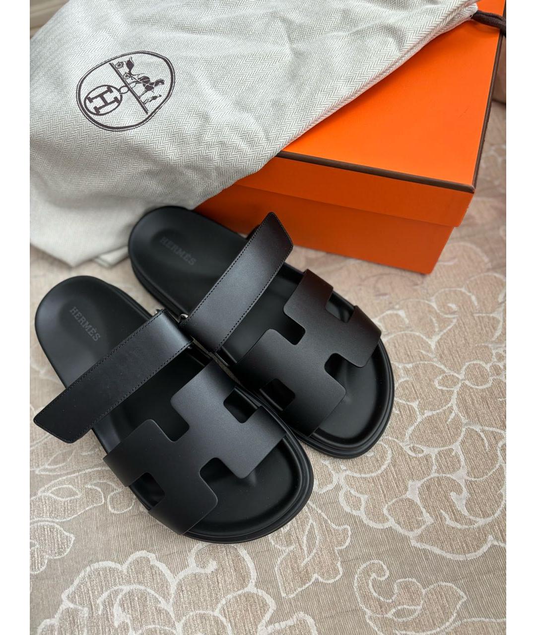HERMES Черные кожаные шлепанцы, фото 8